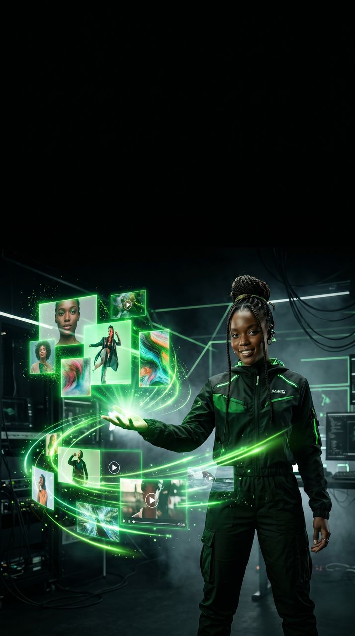 Créatrice africaine et panneaux holographiques verts, créés avec Agenia