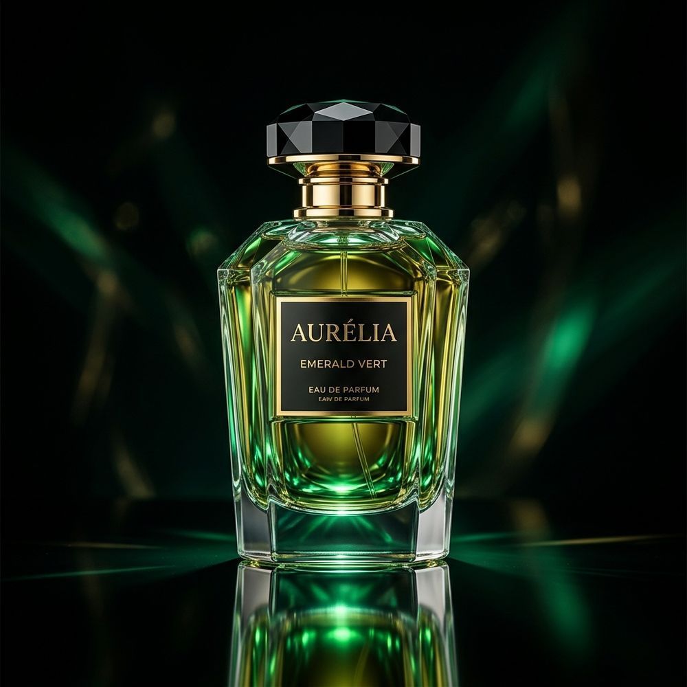 Flacon de parfum de luxe, reflets verts sur fond noir