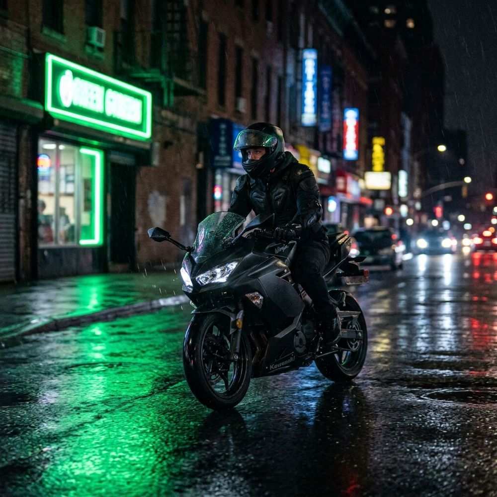 Scène de rue de nuit, moto, reflets néon verts
