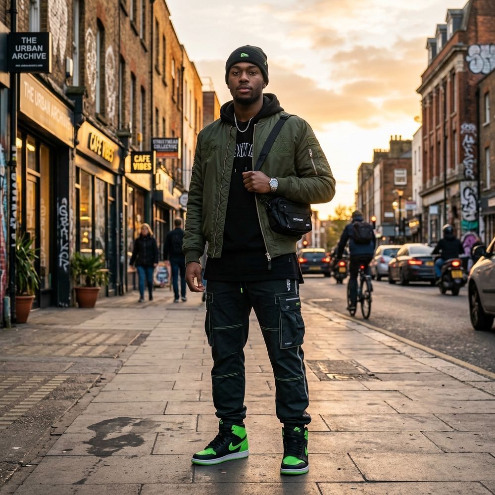 Streetwear plein pied, golden hour avec accent vert