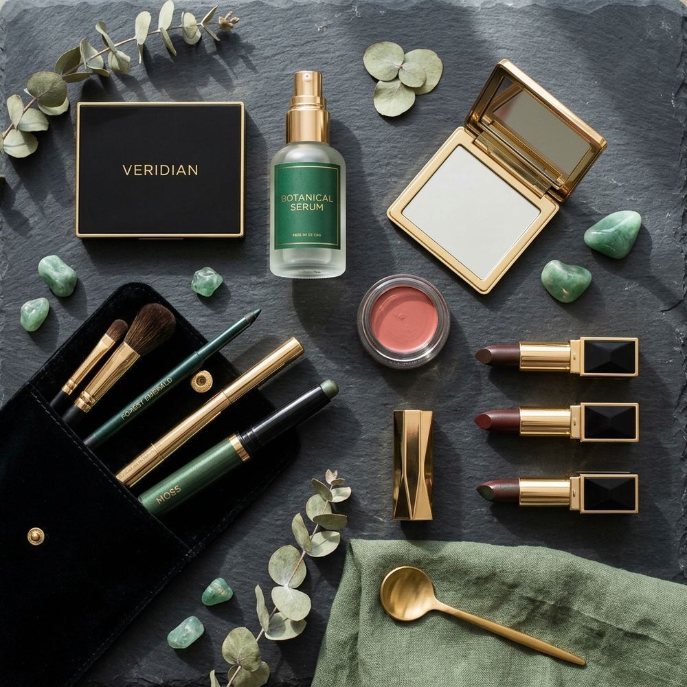 Flatlay cosmétiques sur surface sombre, accents verts